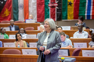 During the opening session of weeklong workshop aimed at developing leaders in the effort to eradicate malaria, Dyann F. Wirth, Richard Pearson Strong Professor of Infectious Disease speaks inside Aldrich Hall at HBS at Harvard University. Kris Snibbe/Harvard Staff Photographer